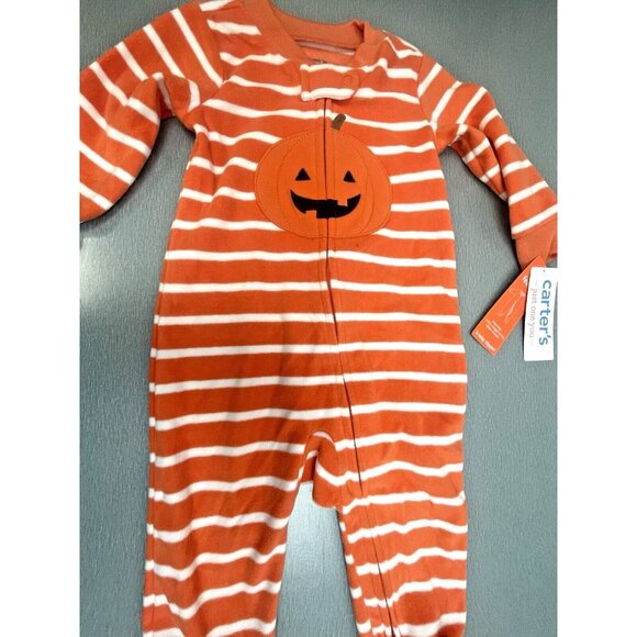 Carters Romper Baby Halloween Footed Orange Stripe Pumpkin Face Fleece Zipper 3M - Picture 4 of 7